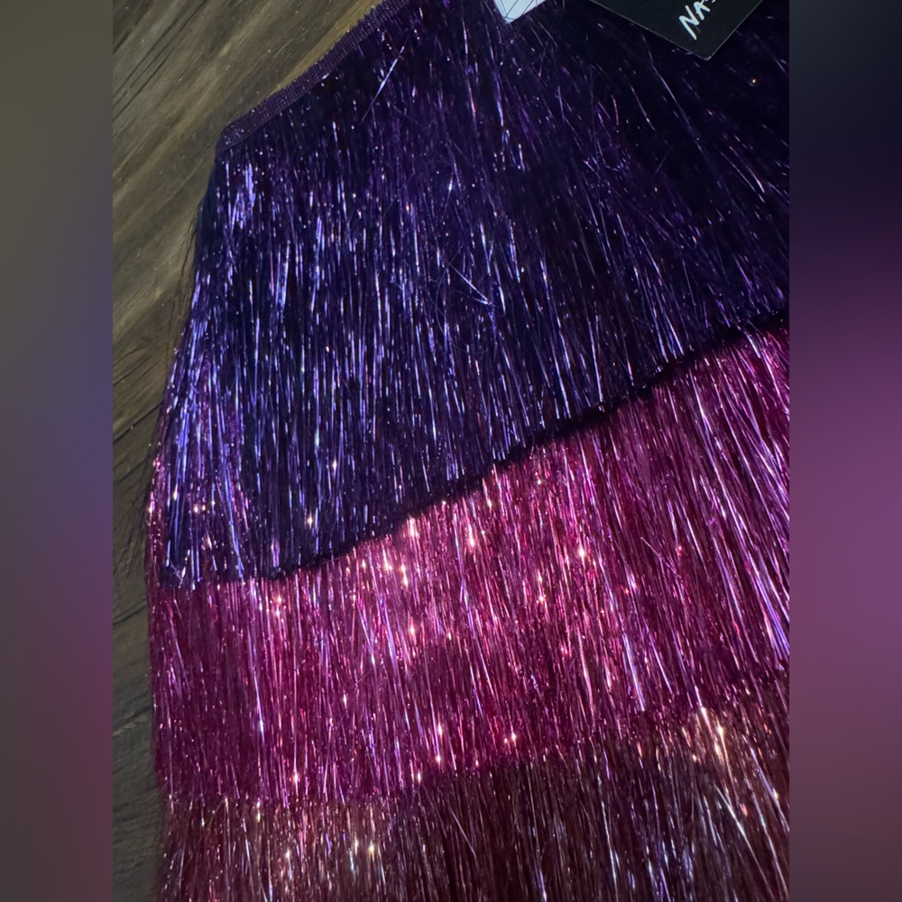 NWT Nasty Gal Multicolored High Waisted Tinsel Fringe Shorts Pink & Purple Sz 2 - Picture 4 of 8